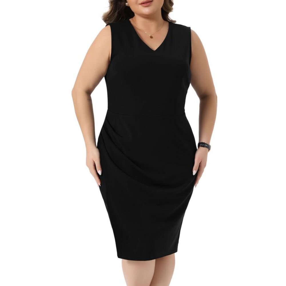 Women Plus Size Sleeveless V Neck Ruched Bodycon Work Dress Black
